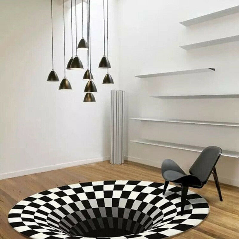 3D Vortex Carpet Black White Grid Bottomless Hole Illusion Rug Living Room Bedroom Anti-Slip Floor Mats Home Fashion Carpet Rugs - Addy Mart