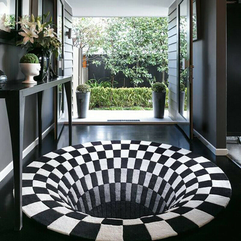 3D Vortex Carpet Black White Grid Bottomless Hole Illusion Rug Living Room Bedroom Anti-Slip Floor Mats Home Fashion Carpet Rugs - Addy Mart