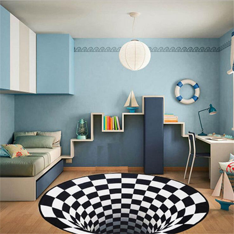 3D Vortex Carpet Black White Grid Bottomless Hole Illusion Rug Living Room Bedroom Anti-Slip Floor Mats Home Fashion Carpet Rugs - Addy Mart