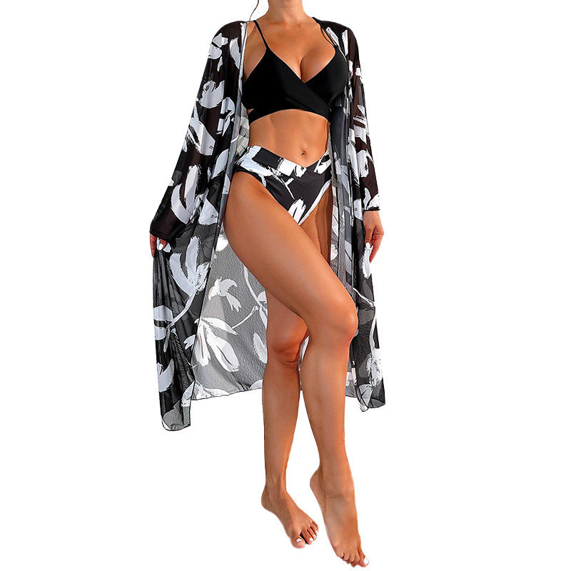 New Bikini Three-piece Women's Swimsuit Black And White Printed Swimming - Addy Mart