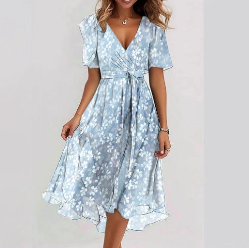 Chiffon Printed Short Sleeve Dress Summer Elegant V-neck Dresses Womens Clothing - Addy Mart